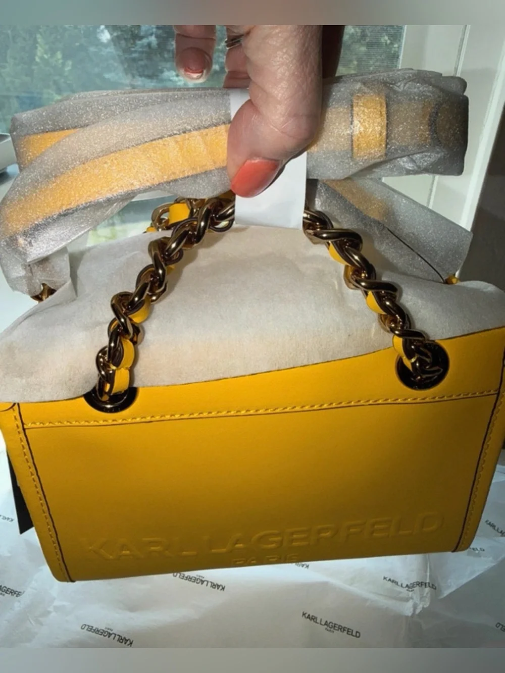 Karl Lagerfeld Bright Yellow Leather Chain Shoulder Bag